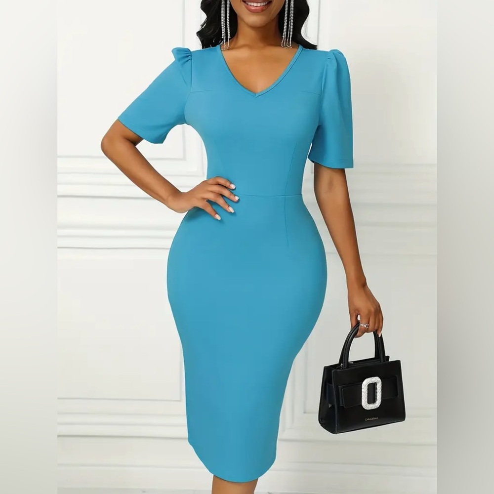 Solid V-Neck Dress with Elegant Ruched Sleeves